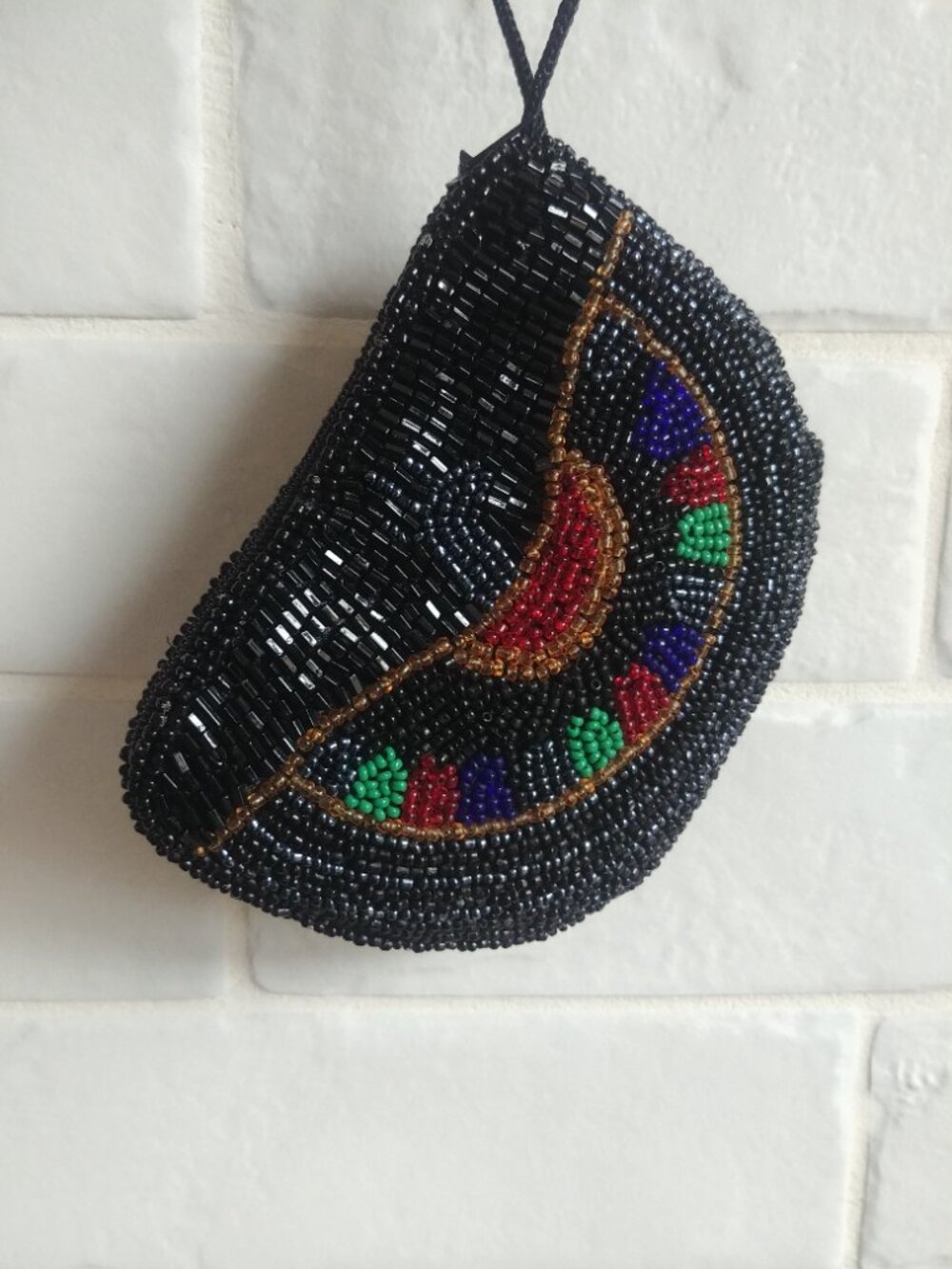 Intricate fully beaded mini bag wristlet coin purse black with red and green